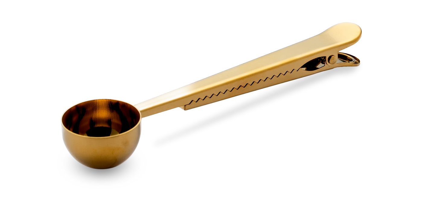 Golden Stainless Steel Coffee Spoon with Bag Clip – Elegant & Freshness-Preserving