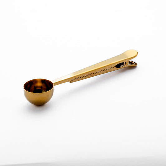 Golden Stainless Steel Coffee Spoon with Bag Clip – Elegant & Freshness-Preserving